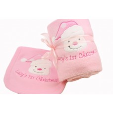 Personalised Baby Girl First 1st Christmas Blanket & Bib Gift Set